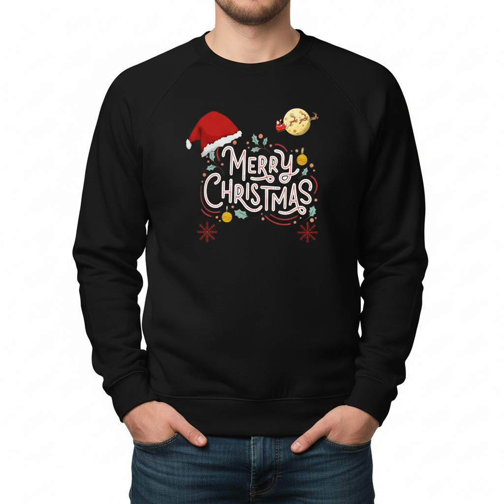 Whimsical Hand-Drawn “Merry Christmas” Typography Sweatshirt - Black