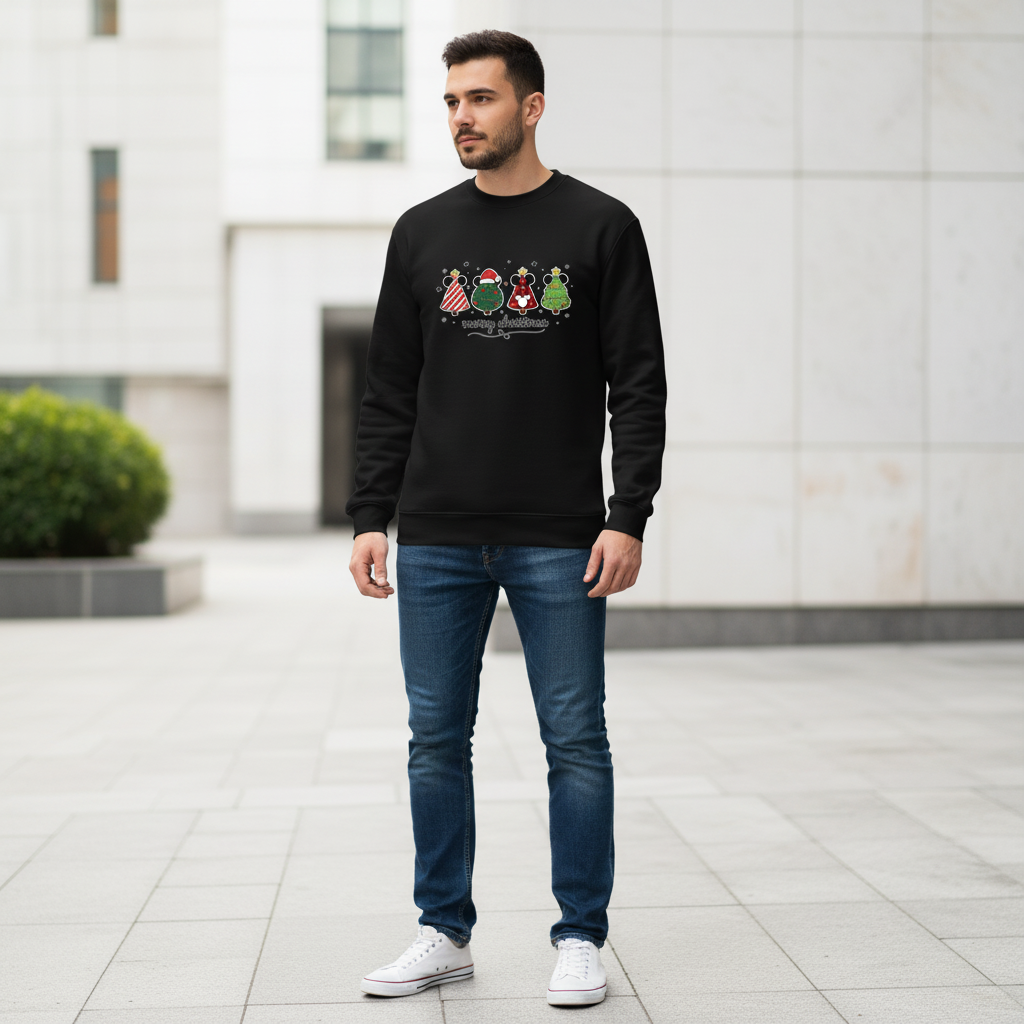 Whimsical Mickey Christmas Tree Lineup Sweatshirt – Cute Festive Holiday Disney-Inspired Jumper