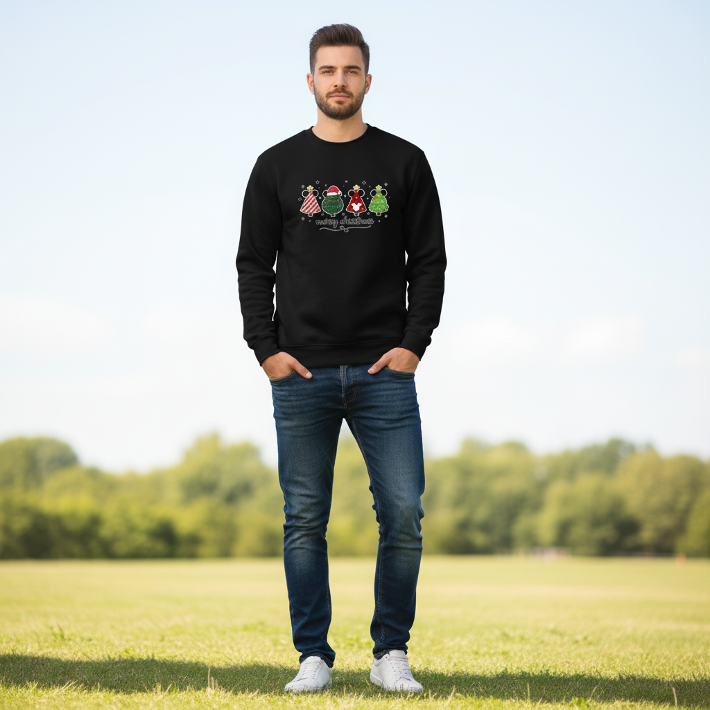 Whimsical Mickey Christmas Tree Lineup Sweatshirt – Cute Festive Holiday Disney-Inspired Jumper