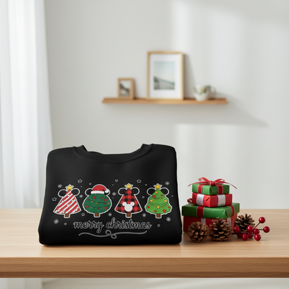 Whimsical Mickey Christmas Tree Lineup Sweatshirt – Cute Festive Holiday Disney-Inspired Jumper