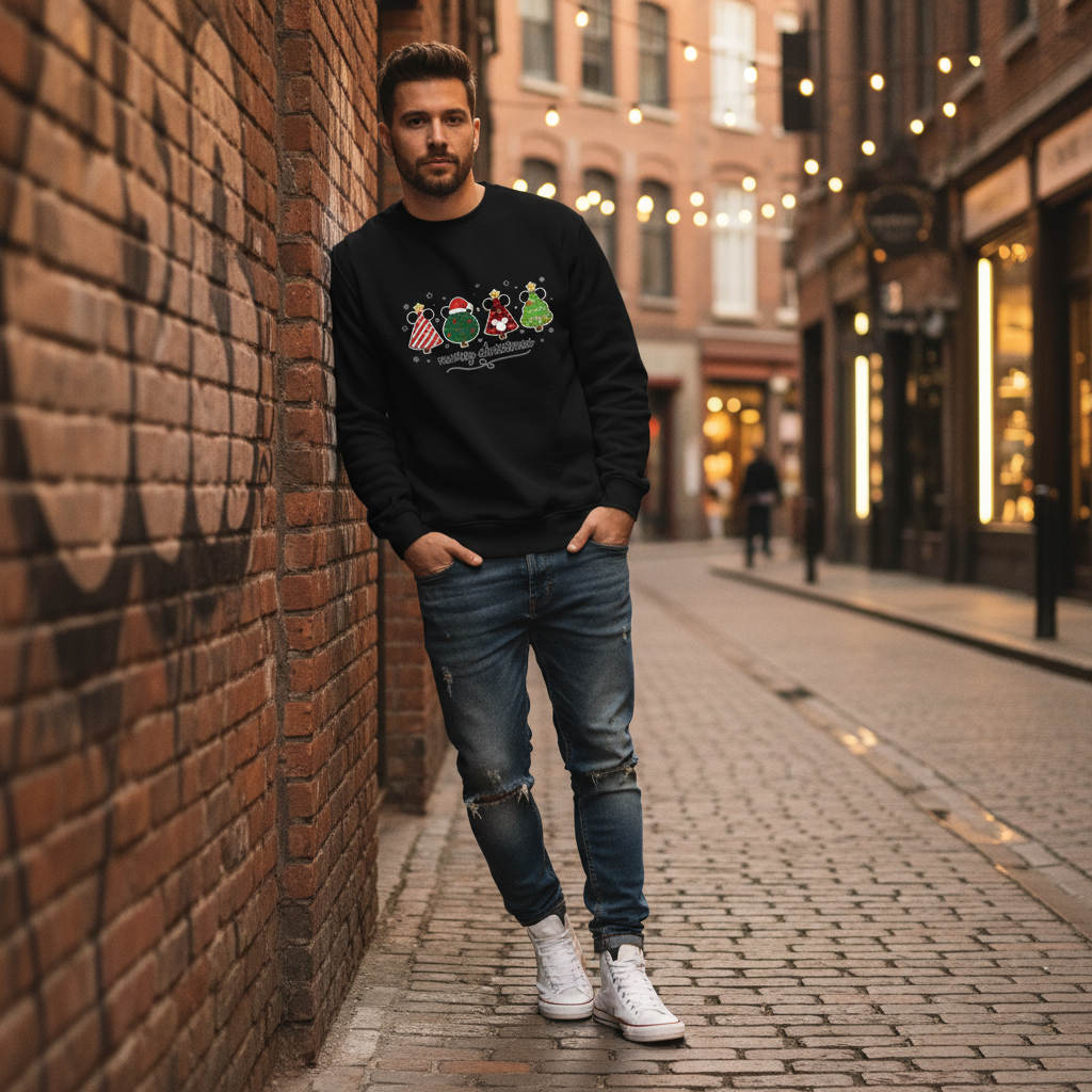 Whimsical Mickey Christmas Tree Lineup Sweatshirt – Cute Festive Holiday Disney-Inspired Jumper