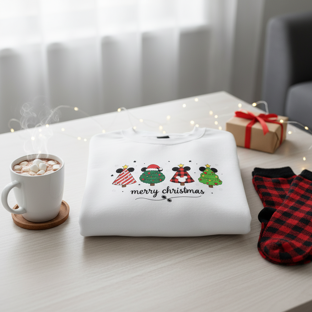 Whimsical Mickey Christmas Tree Lineup Sweatshirt – Cute Festive Holiday Disney-Inspired Jumper