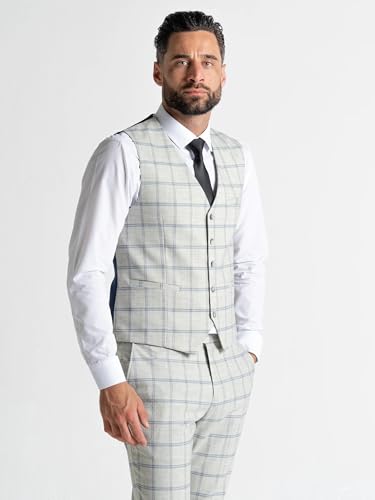 Pearl River Suit with Blue Checks (UK, Alpha, One Size, Regular, Regular, 36" Blazer | 36" Waistcoat | 30" Trousers, Pearl River with Blue - Oxford) - The Tie Company