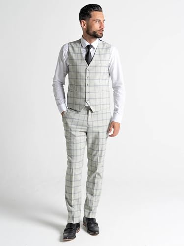 Pearl River Suit with Blue Checks (UK, Alpha, One Size, Regular, Regular, 36" Blazer | 36" Waistcoat | 30" Trousers, Pearl River with Blue - Oxford) - The Tie Company