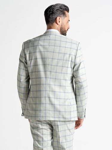 Pearl River Suit with Blue Checks (UK, Alpha, One Size, Regular, Regular, 36" Blazer | 36" Waistcoat | 30" Trousers, Pearl River with Blue - Oxford) - The Tie Company