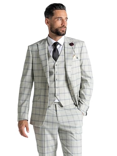 Pearl River Suit with Blue Checks (UK, Alpha, One Size, Regular, Regular, 36" Blazer | 36" Waistcoat | 30" Trousers, Pearl River with Blue - Oxford) - The Tie Company