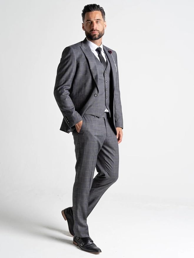 Oxford Men’s Dark Grey White-Checked 3-Piece Suit – Regular Fit