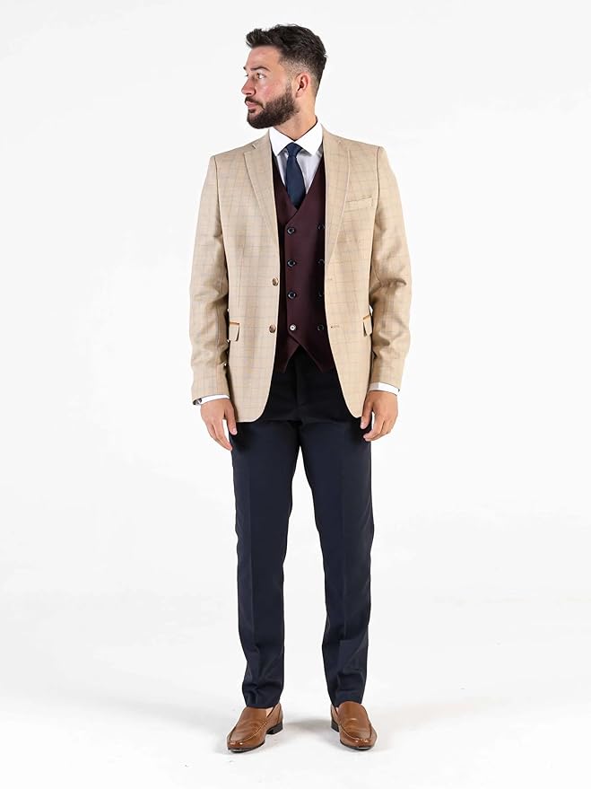 Angelo Men’s Beige Checked 3-Piece Tailored Fit Suit
