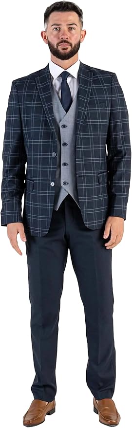 Navy Checks Three Piece Suit â€“ Classic Tailored Fit Blazer, Waistcoat, and Trousers â€“ Timeless Formalwear for Groomsmen and Special Occasions - Angelo - The Tie Company