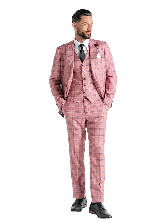 Kensington Rose Pink Tailored Fit Wool Blend Checks Suit for Men
