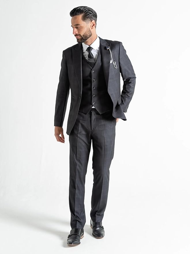 Chelsea Men’s Charcoal Slim-Fit 3-Piece Suit with Grey Checks