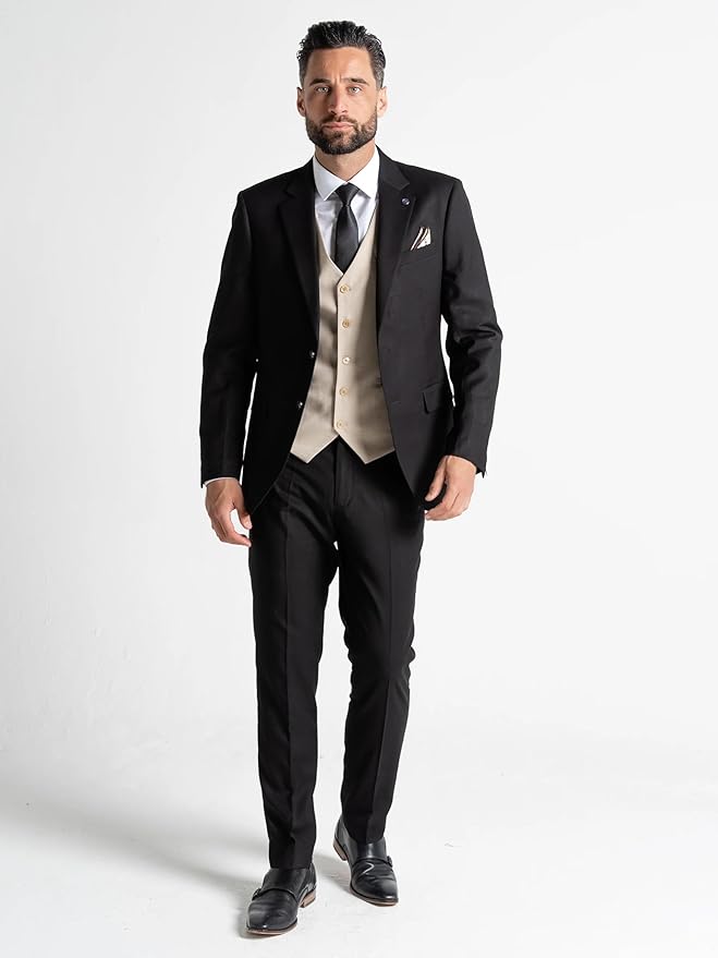 Men’s Black Slim-Fit Three-Piece Suit with Cream Waistcoat