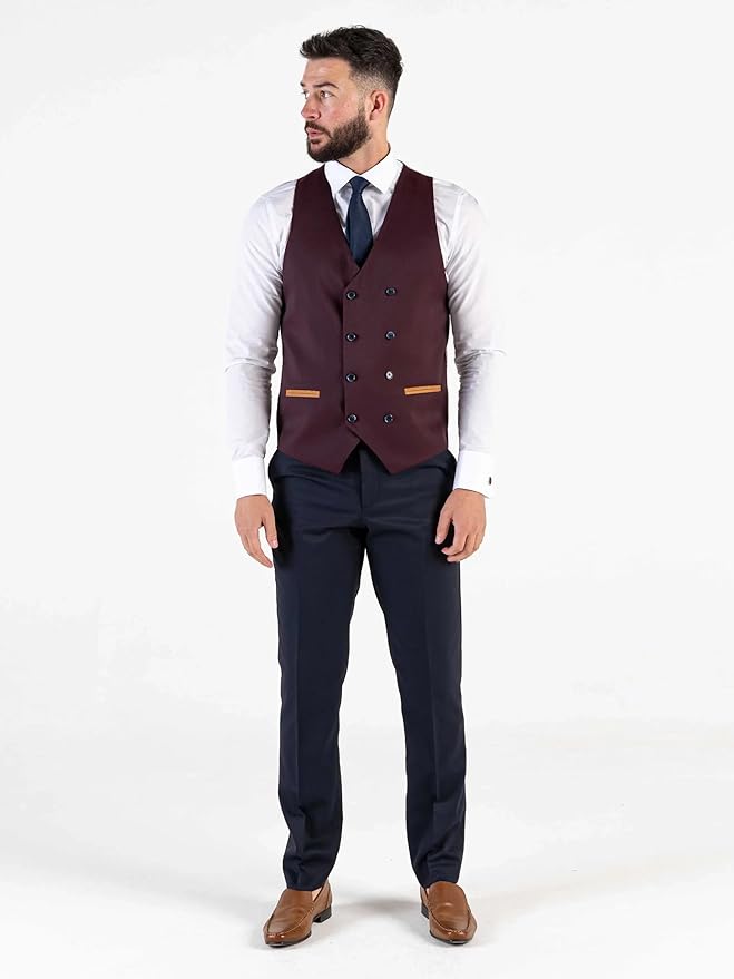Combi Beige Checks Three Piece Suit â€“ Modern Tailored Fit Sky Blue Blazer, Burgundy Waistcoat, and Navy Trousers â€“ Stylish Groomsmen Outfit - Angelo - The Tie Company