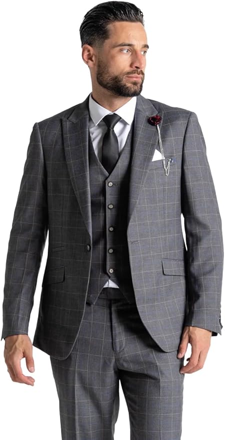 Dark Grey Suit with White Checks (UK, Alpha, One Size, Regular, Regular, 52â€³ Blazer | 52â€³ Waistcoat | 46â€³ Trousers, Oxford - The Tie Company