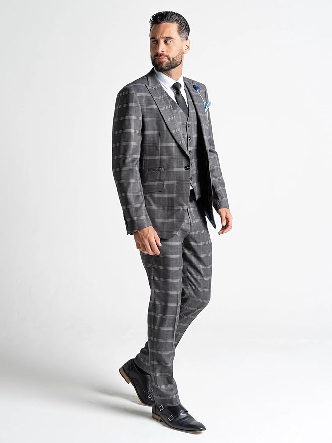 Men’s Grey Tweed White Checked 3-Piece Tailored Fit Suit