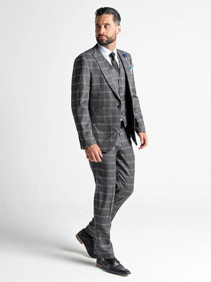 Men’s Grey Tweed White Checked 3-Piece Tailored Fit Suit