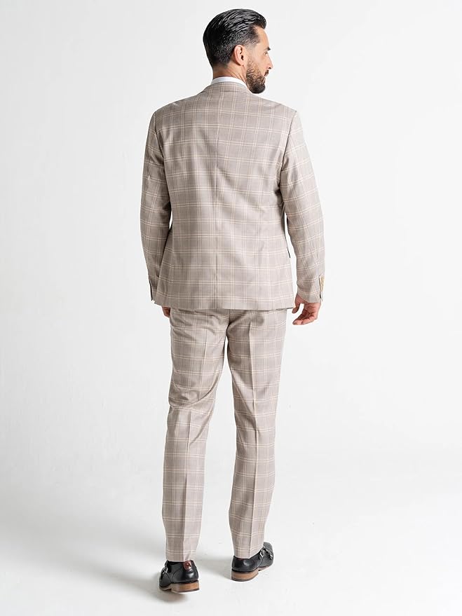 Champagne Tweed Three Piece Suit â€“ White and Light Brown Check Tailored Fit Blazer, Waistcoat, and Trousers â€“ Elegant Formalwear for Weddings and Special Occasions-Charles - The Tie Company