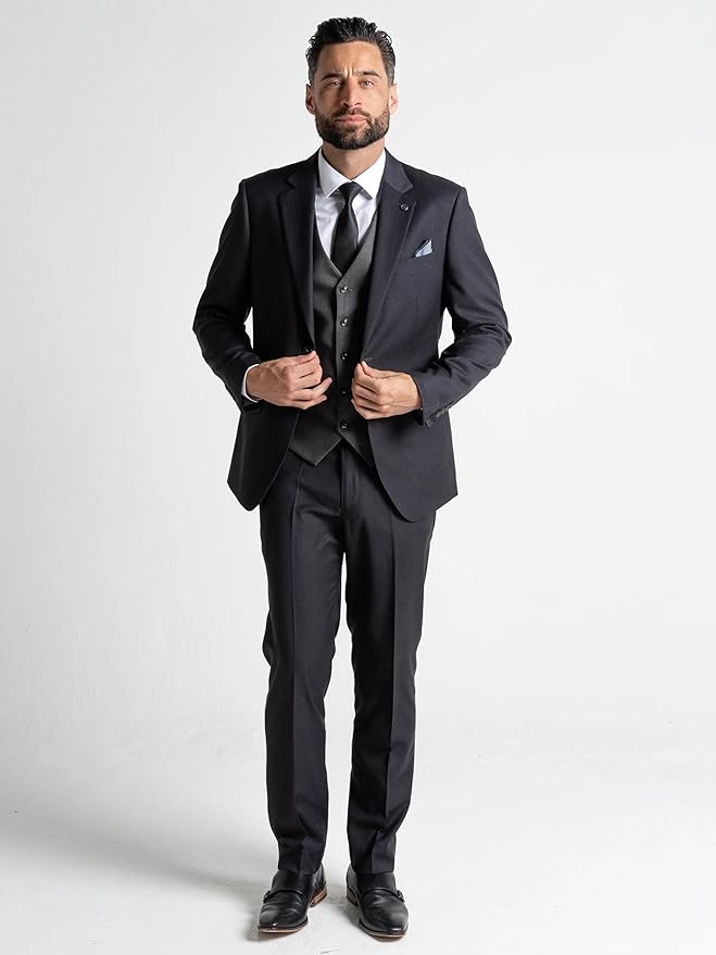 Men’s Black Three-Piece Slim Fit Suit with Grey Waistcoat