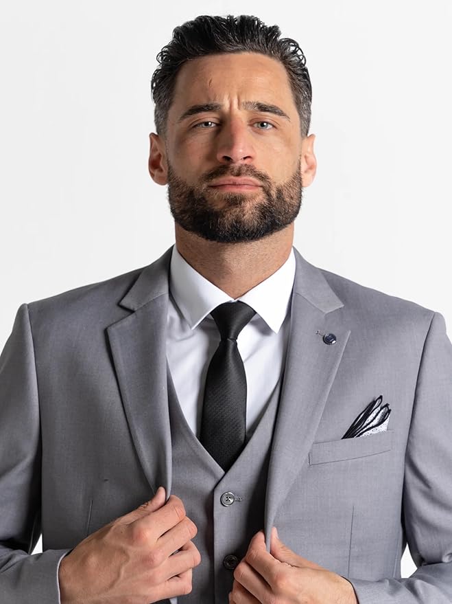 Grey Three Piece Suit - Slim Fit Blazer, Trousers &amp; Waistcoat, Notch Lapel, Complimentary Pocket Square &amp; Tie, Perfect for Weddings &amp; Formal Events - Haris - The Tie Company