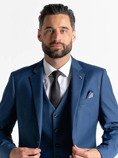 Blue Three Piece Suit - Slim Fit Blazer, Trousers &amp; Waistcoat, Notch Lapel, Complimentary Pocket Square &amp; Tie, Perfect for Formal Occasions - Haris - The Tie Company