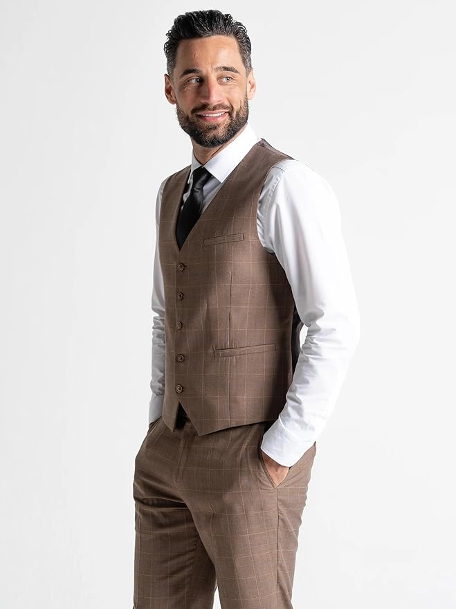 Brown Suit with White Checks â€“ Slim Fit Three-Piece Set for Men with Waistcoat, Blazer, and Trousers â€“ Elegant Formal Wear for Weddings, Business &amp; Special Occasions - Oxford - The Tie Company