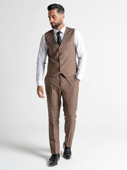 Brown Suit with White Checks â€“ Slim Fit Three-Piece Set for Men with Waistcoat, Blazer, and Trousers â€“ Elegant Formal Wear for Weddings, Business &amp; Special Occasions - Oxford - The Tie Company