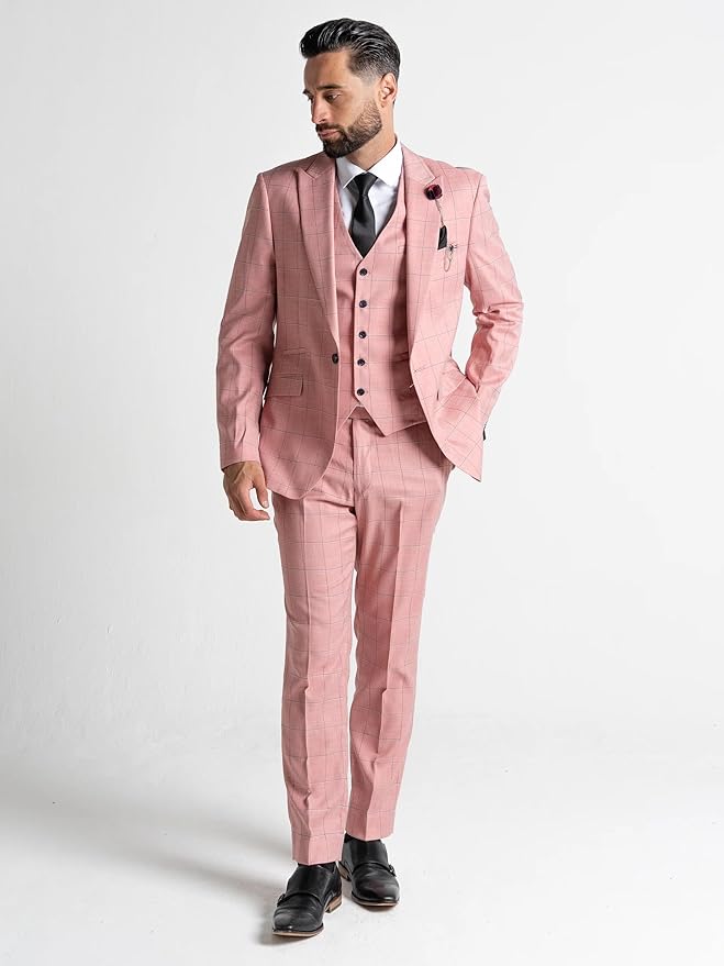 Oxford Men’s Pink &amp; Black Checked 3-Piece Slim Fit Suit