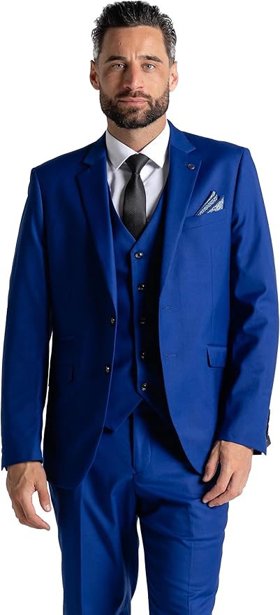 Royal Blue Three Piece Suit - Slim Fit Blazer, Trousers &amp; Waistcoat, Notch Lapel, Complimentary Pocket Square &amp; Tie, Perfect for Formal Occasions - Haris - The Tie Company
