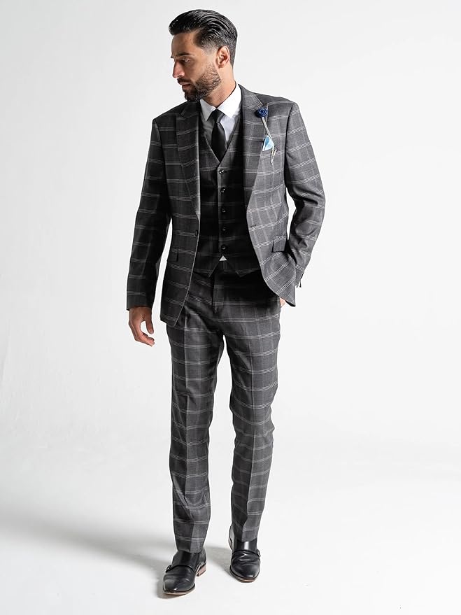 Grey Tweed Three Piece Suit â€“ White Check Tailored Fit Blazer, Waistcoat, and Trousers â€“ Elegant Vintage-Inspired Formalwear for Weddings and Special Occasions - The Tie Company