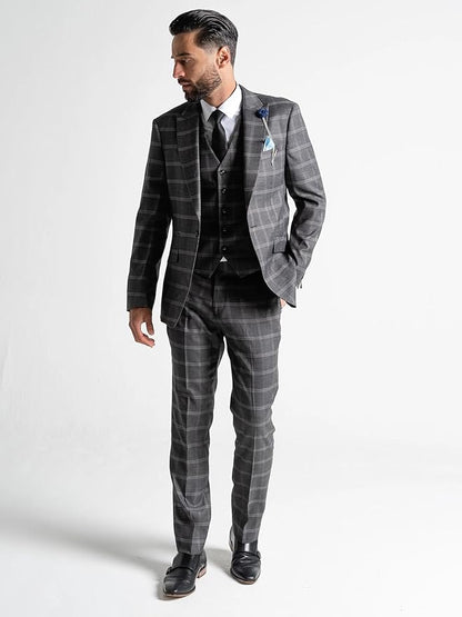 Grey Tweed Three Piece Suit â€“ White Check Tailored Fit Blazer, Waistcoat, and Trousers â€“ Elegant Vintage-Inspired Formalwear for Weddings and Special Occasions - The Tie Company