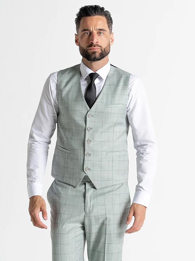 Lime Green with Blue Checks 3-Piece Slim Fit Suit - Blazer, Waistcoat &amp; Trousers with Pocket Square, Peak Lapel, Formal Men&