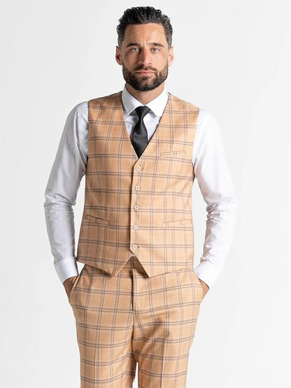 Orange Suit with Navy Blue Checks - Tailored Fit Blazer, Matching Trousers &amp; Single-Breasted Waistcoat-Oxford - The Tie Company