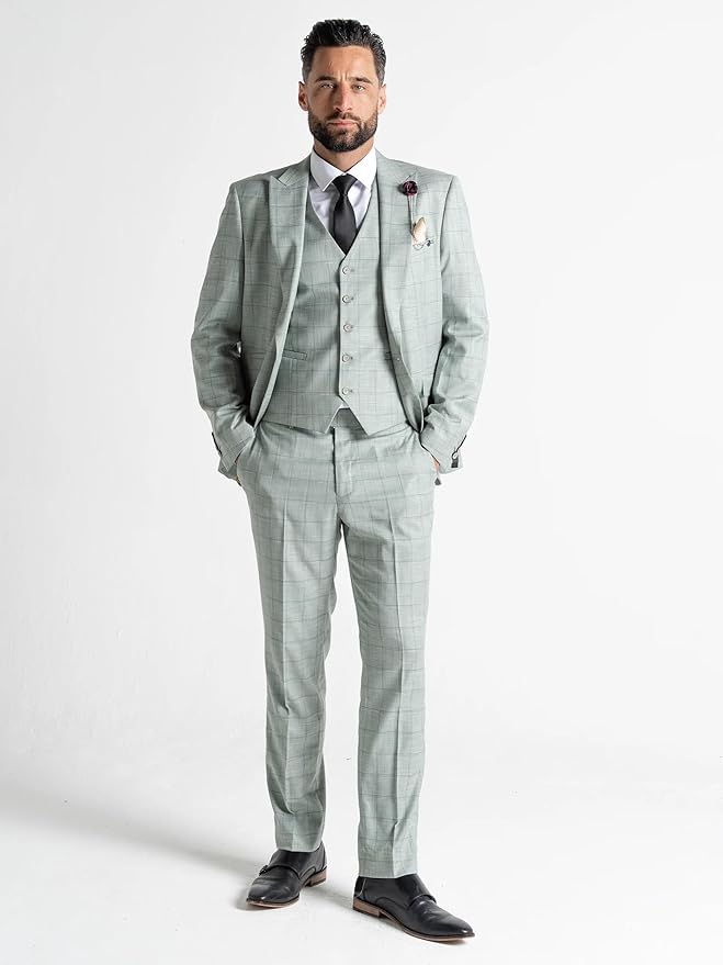 Lime Green with Blue Checks 3-Piece Slim Fit Suit - Blazer, Waistcoat &amp; Trousers with Pocket Square, Peak Lapel, Formal Men&