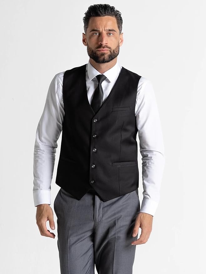 Grey Slim-Fit Blazer with Black Waistcoat Three-Piece Suit â€“ Notch Lapel, Complimentary Pocket Square, and Grey Trousers â€“ Elegant Formalwear for Weddings and Special Occasions - The Tie Company