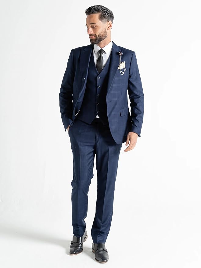 Chelsea Men’s Miami Blue Slim-Fit 3-Piece Suit with Silver Checks