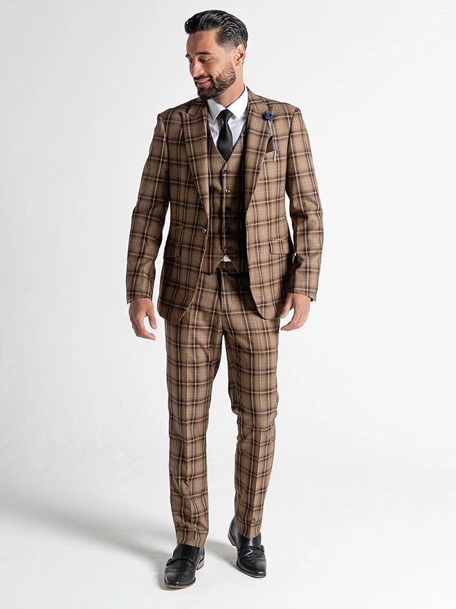 Charles Men’s Coffee Tweed Checked 3-Piece Tailored Fit Suit