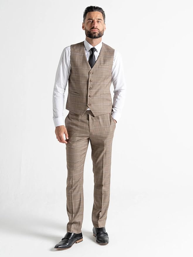 Coffee Tweed Three Piece Suit â€“ Dark Brown and White Check Tailored Fit Blazer, Waistcoat, and Trousers â€“ Classic Formalwear for Weddings and Special Occasions - The Tie Company