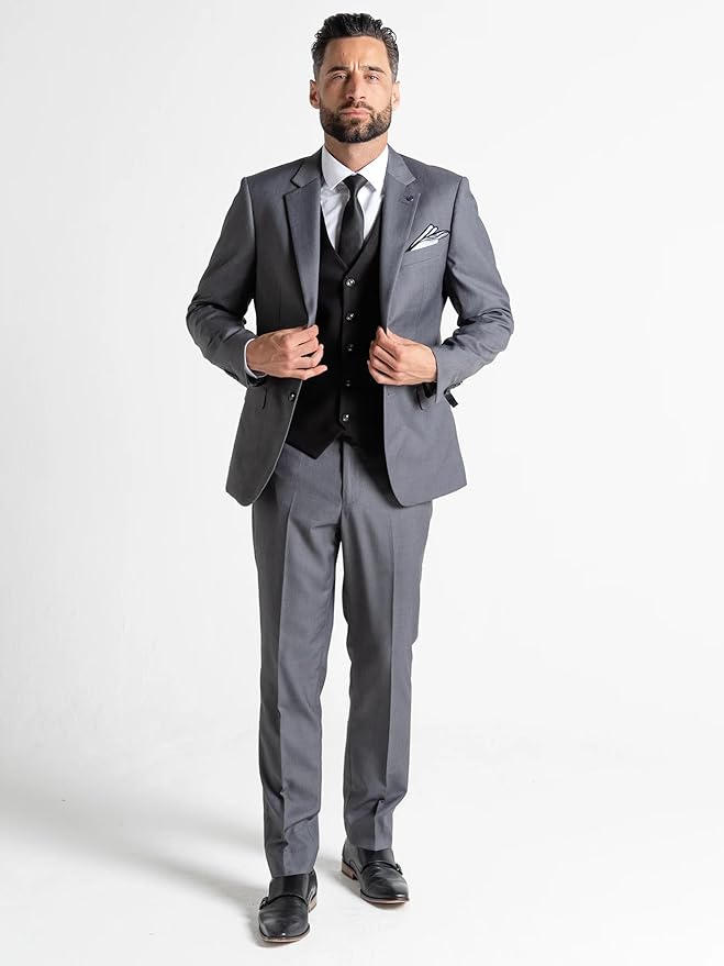 Grey Slim-Fit Blazer with Black Waistcoat Three-Piece Suit â€“ Notch Lapel, Complimentary Pocket Square, and Grey Trousers â€“ Elegant Formalwear for Weddings and Special Occasions - The Tie Company