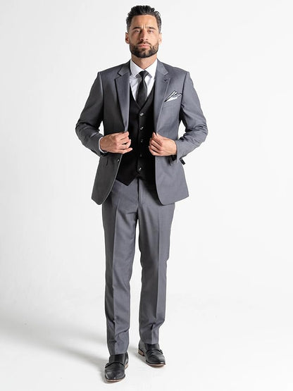 Grey Slim-Fit Blazer with Black Waistcoat Three-Piece Suit â€“ Notch Lapel, Complimentary Pocket Square, and Grey Trousers â€“ Elegant Formalwear for Weddings and Special Occasions - The Tie Company