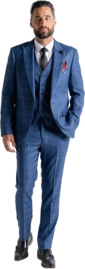 Deep Blue Tweed Three Piece Suit â€“ Light Blue Check Tailored Fit Blazer, Waistcoat, and Trousers â€“ Sophisticated Formalwear for Weddings and Special Events - The Tie Company