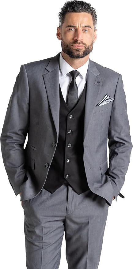 Grey Slim-Fit Blazer with Black Waistcoat Three-Piece Suit â€“ Notch Lapel, Complimentary Pocket Square, and Grey Trousers â€“ Elegant Formalwear for Weddings and Special Occasions - The Tie Company