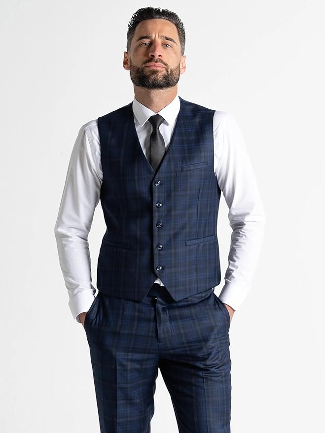 Blue Tweed Three Piece Suit â€“ Black Check Tailored Fit Blazer, Waistcoat, and Trousers â€“ Sophisticated Formalwear for Weddings and Special Occasions-Jubilee - The Tie Company