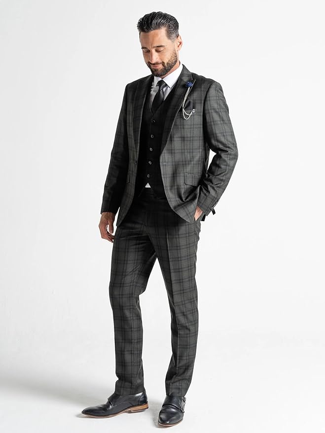 Men’s Dark Green Tweed Black Checked 3-Piece Tailored Fit Suit