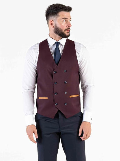 Combi Beige Checks Three Piece Suit â€“ Modern Tailored Fit Sky Blue Blazer, Burgundy Waistcoat, and Navy Trousers â€“ Stylish Groomsmen Outfit - Angelo - The Tie Company