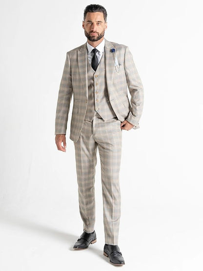 Men’s Light Grey Tweed 3-Piece Suit, White &amp; Caramel Check