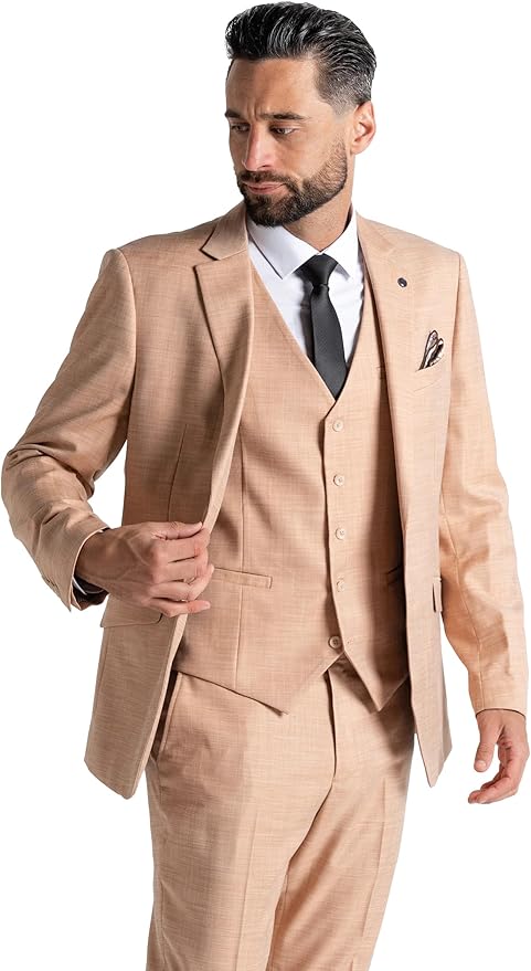 Peach Three Piece Suit - Slim Fit Blazer, Trousers &amp; Waistcoat, Notch Lapel, Complimentary Pocket Square &amp; Tie, Perfect for Weddings &amp; Events - Edward - The Tie Company
