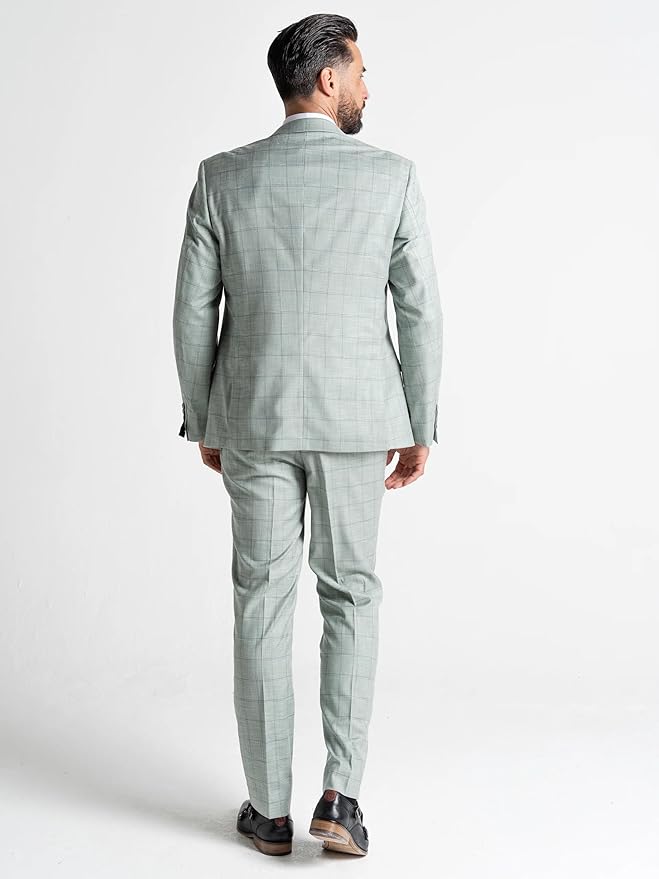 Lime Green with Blue Checks 3-Piece Slim Fit Suit - Blazer, Waistcoat &amp; Trousers with Pocket Square, Peak Lapel, Formal Men&