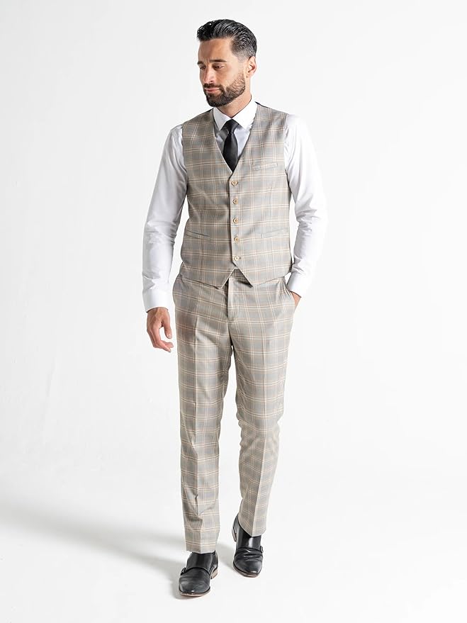 Light Grey Tweed Three Piece Suit â€“ White and Caramel Check Tailored Fit Blazer, Waistcoat, and Trousers â€“ Elegant Formalwear for Weddings and Special Occasions - The Tie Company