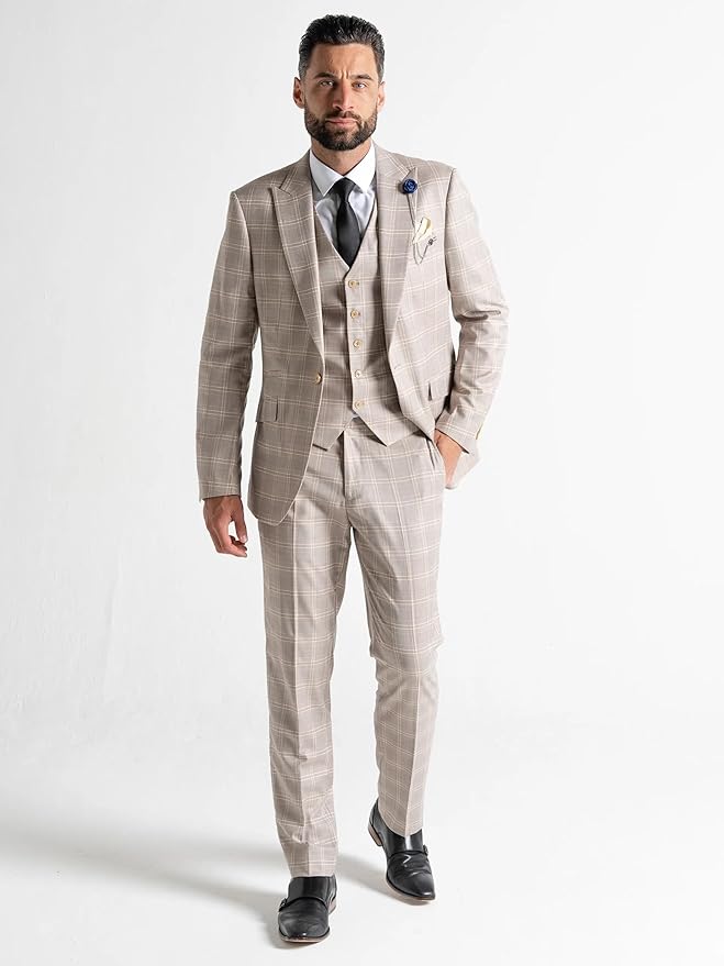 Charles Men’s Champagne Tweed Checked 3-Piece Tailored Fit Suit