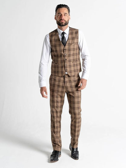 Coffee Tweed Three Piece Suit â€“ Brown Check Tailored Fit Blazer, Waistcoat, and Trousers â€“ Sophisticated Vintage-Inspired Formalwear for Weddings and Special Events - The Tie Company